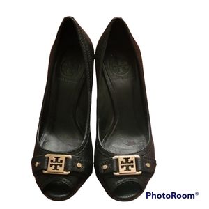 Tory Burch Black Leather Ambrose Wedge Shoes